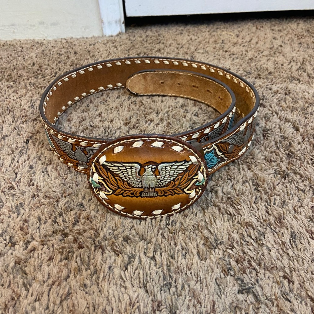 Fort Worth Leather Western Cowboy Belt 34 Brown Tooled Eagle Floral Laced READ